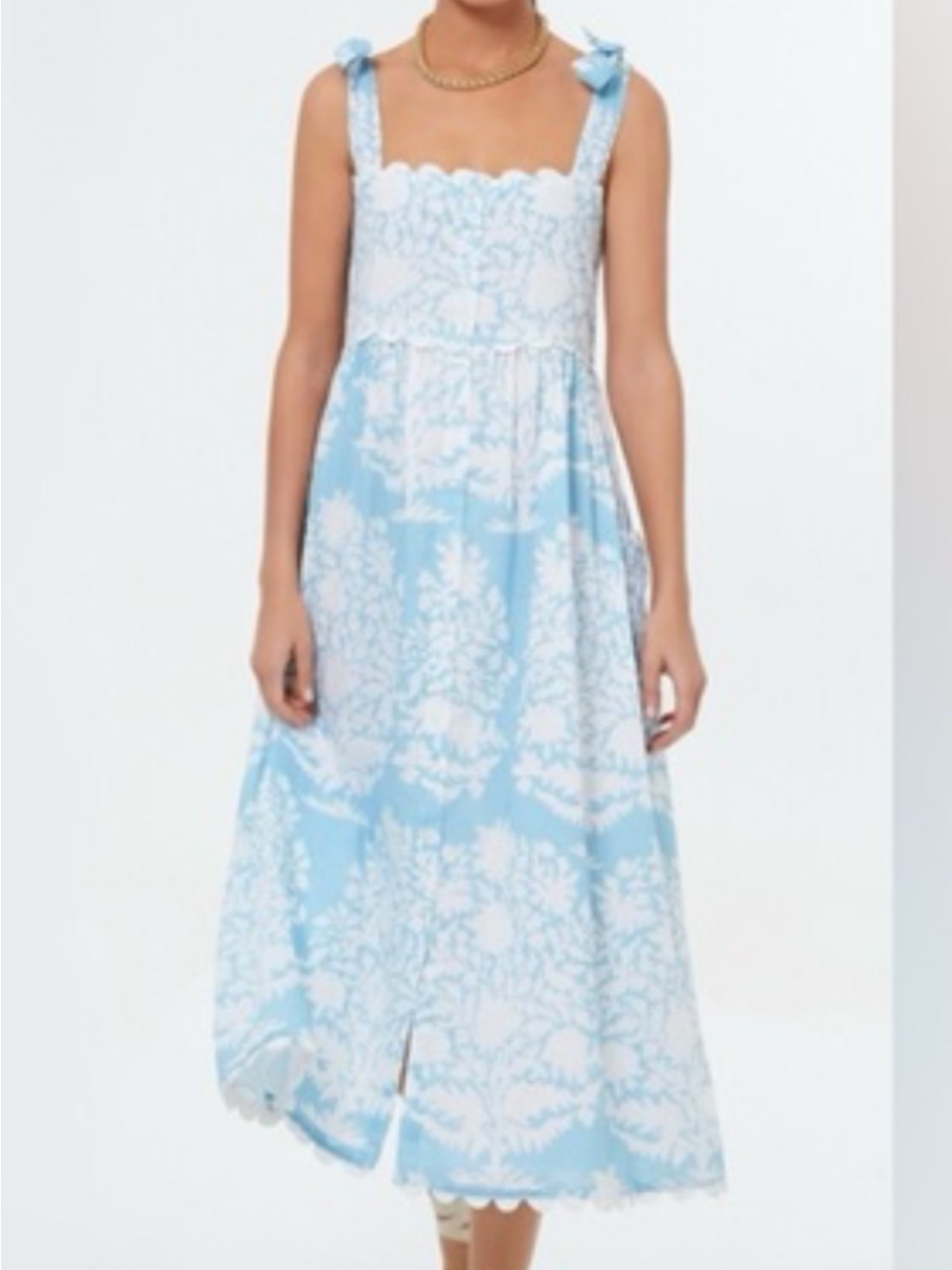 Juliet Dunn Blue and White Floral Tie-Shoulder Midi Dress